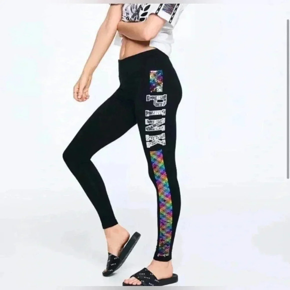 NEW PINK  VS RAINBOW BLING REVERSIBLE
YOGA LEGGINGS XS - Picture 3 of 7